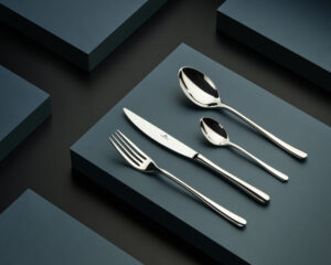 Nierdzewne sztućce Gerlach z linii Muza - nóż, widelec i łyżki na ciemnym tle, fotografia produktowa wysokiego połysku