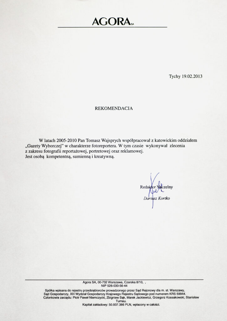 List rekomendacyjny od Agora dla Tomasza Wajsprycha