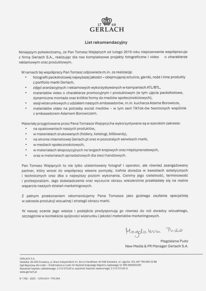 List rekomendacyjny od firmy Gerlach dla Tomasza Wajsprycha