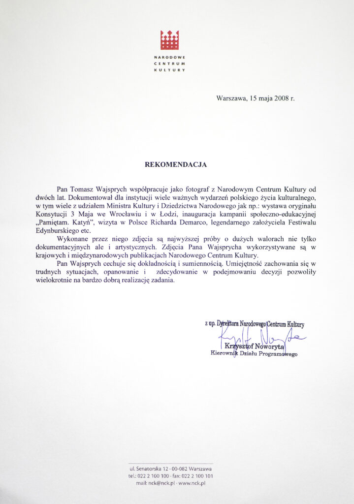 List rekomendacyjny od Narodowego Centrum Kultury dla Tomasza Wajsprycha